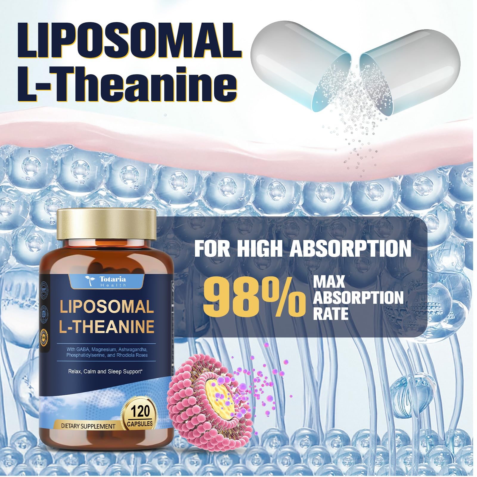 Close-up of Liposomal L-Theanine 750mg capsules