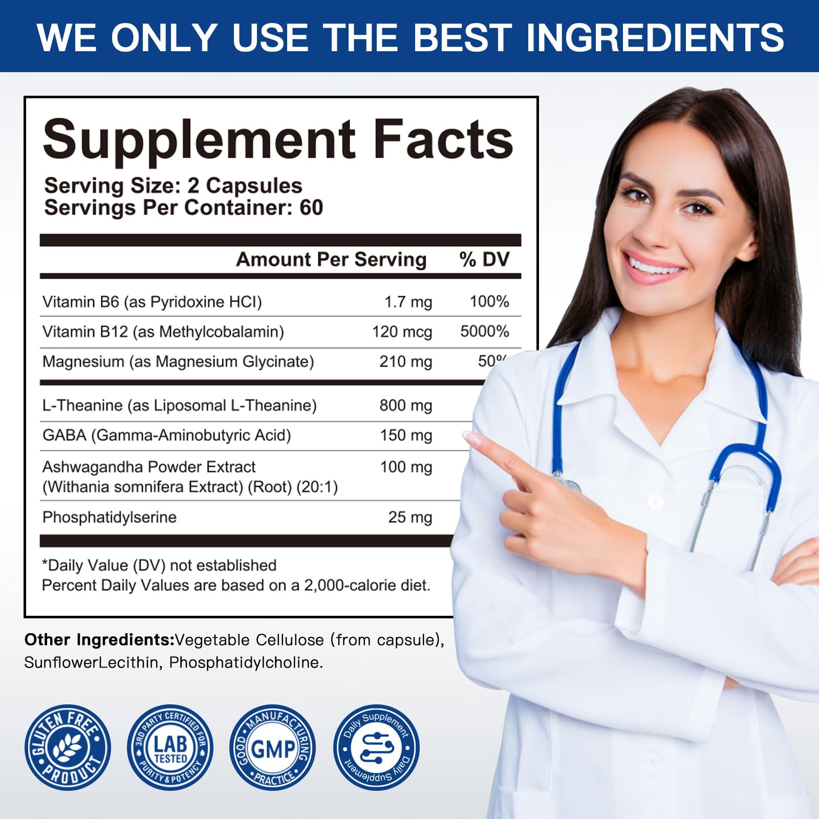 Front bottle shot of Liposomal L-Theanine 800mg supplement.