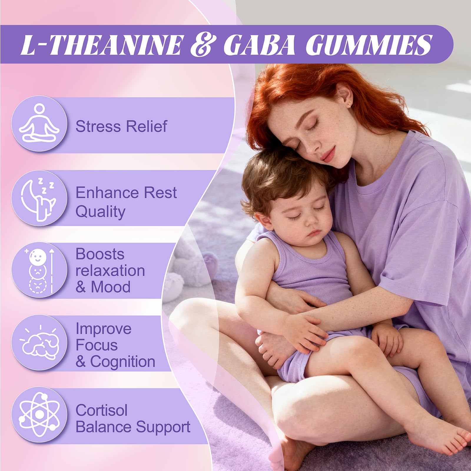 Gummies arranged with icons for GABA, Magnesium Glycinate, and Ashwagandha