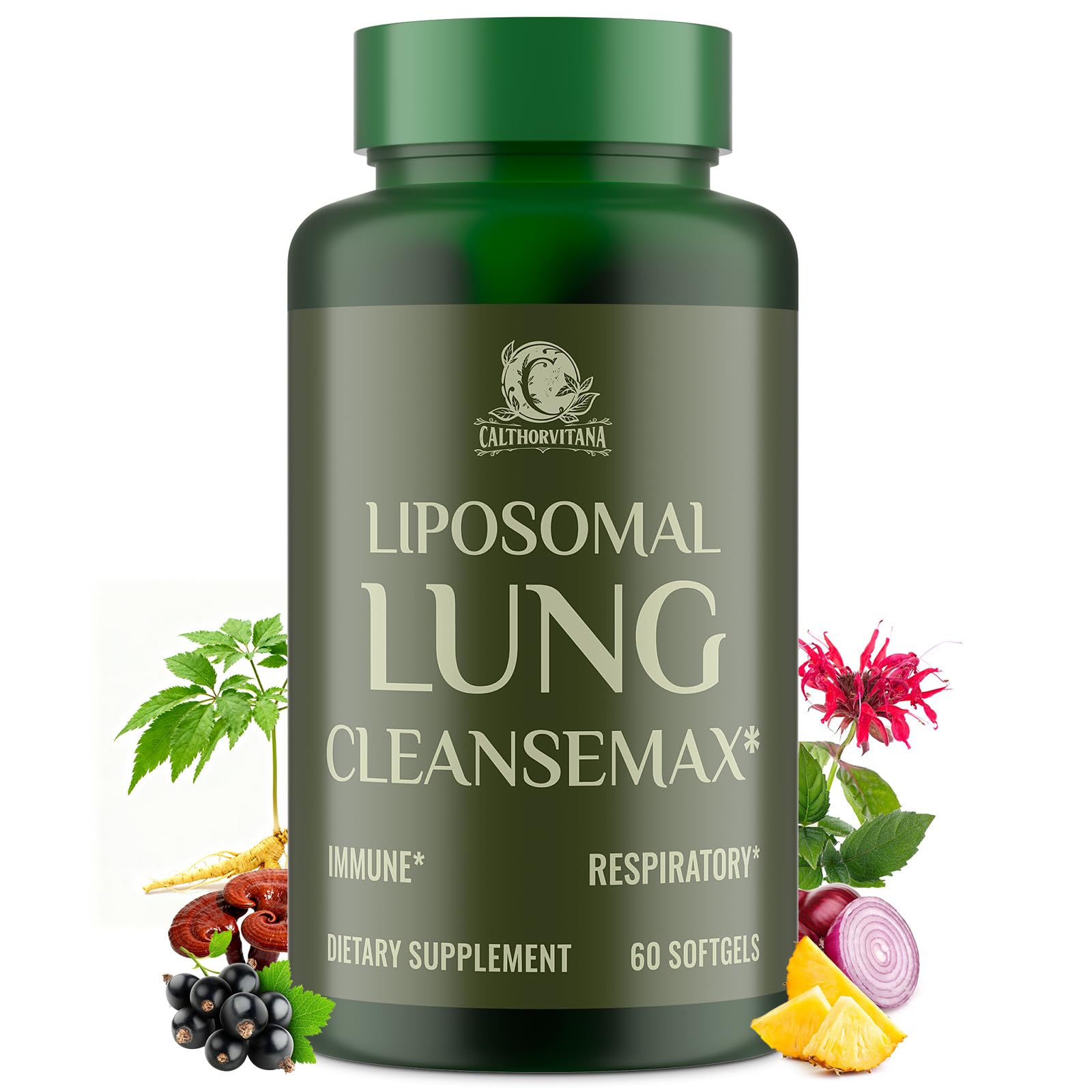 Liposomal Lung Cleansemax bottle and capsules on white background