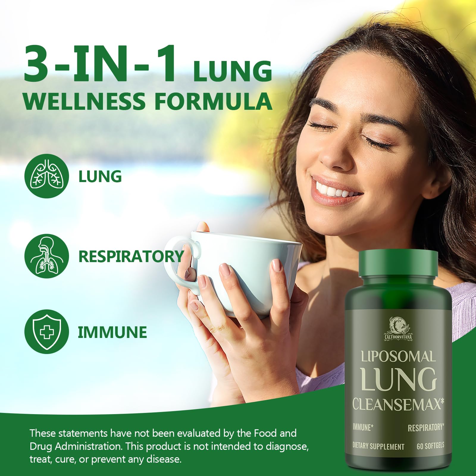 Lifestyle shot of consumer taking Liposomal Lung Cleansemax daily