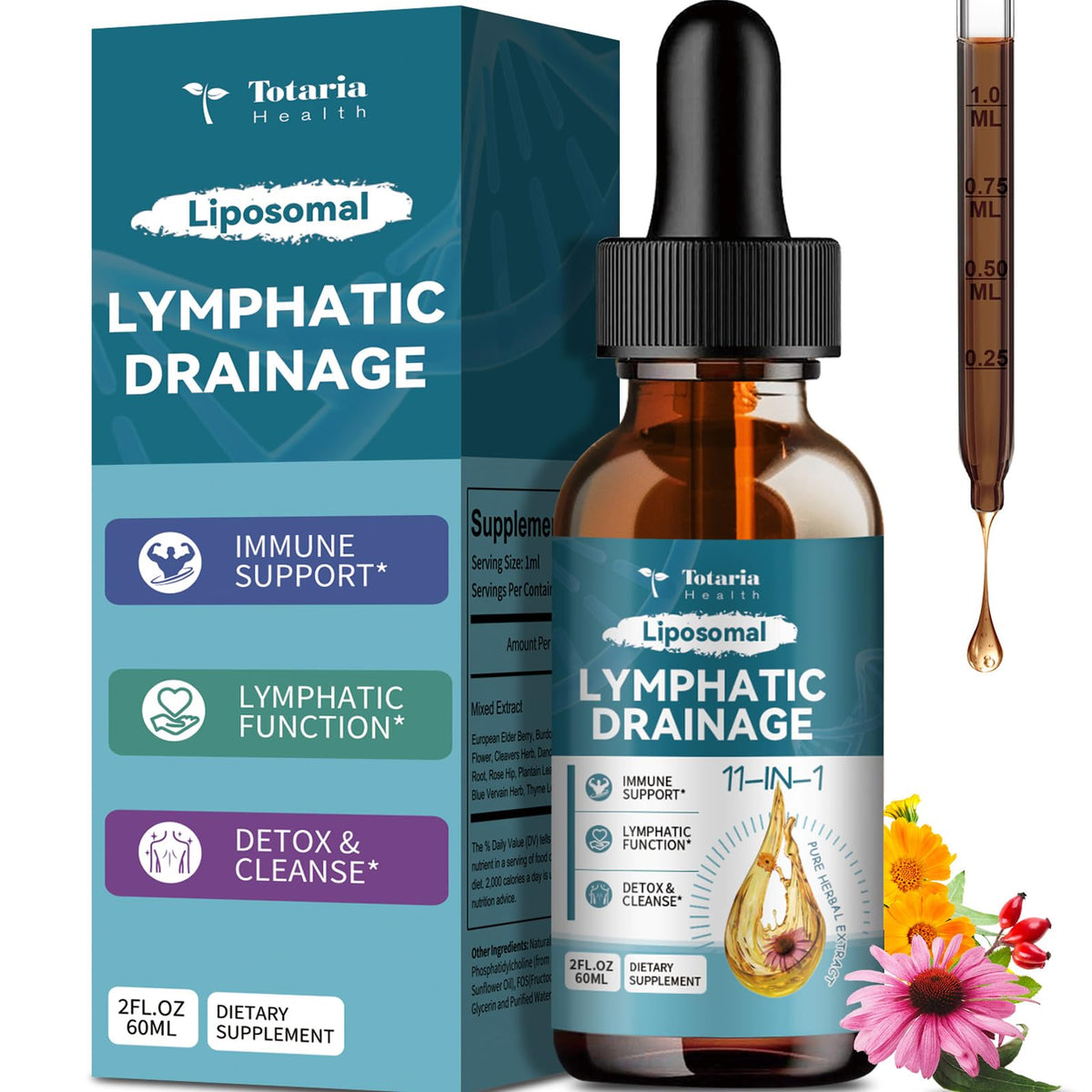 Front view of Liposomal Lymphatic Drainage Drops bottle with label