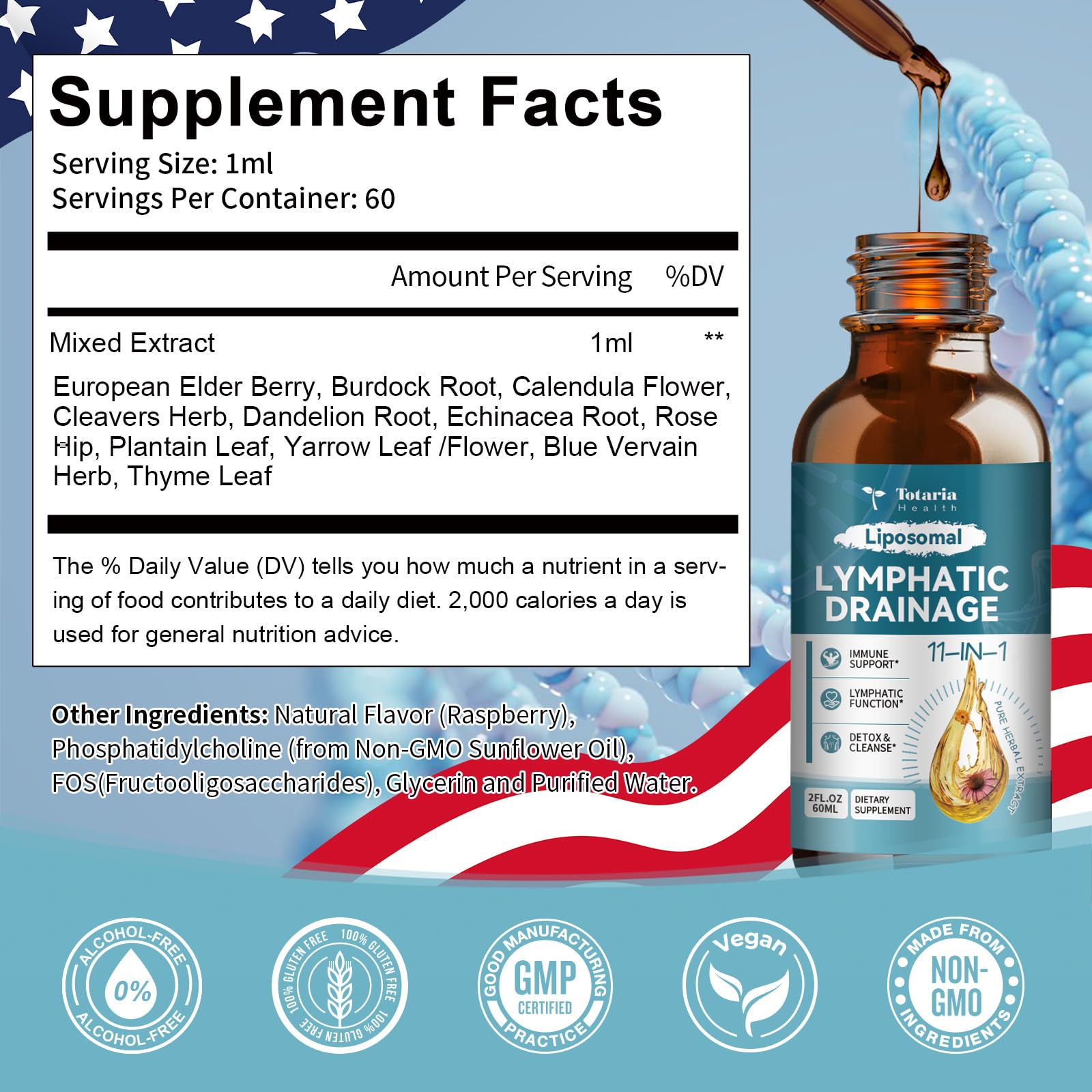 Icons indicating vegan, non-GMO, and alcohol-free formulation