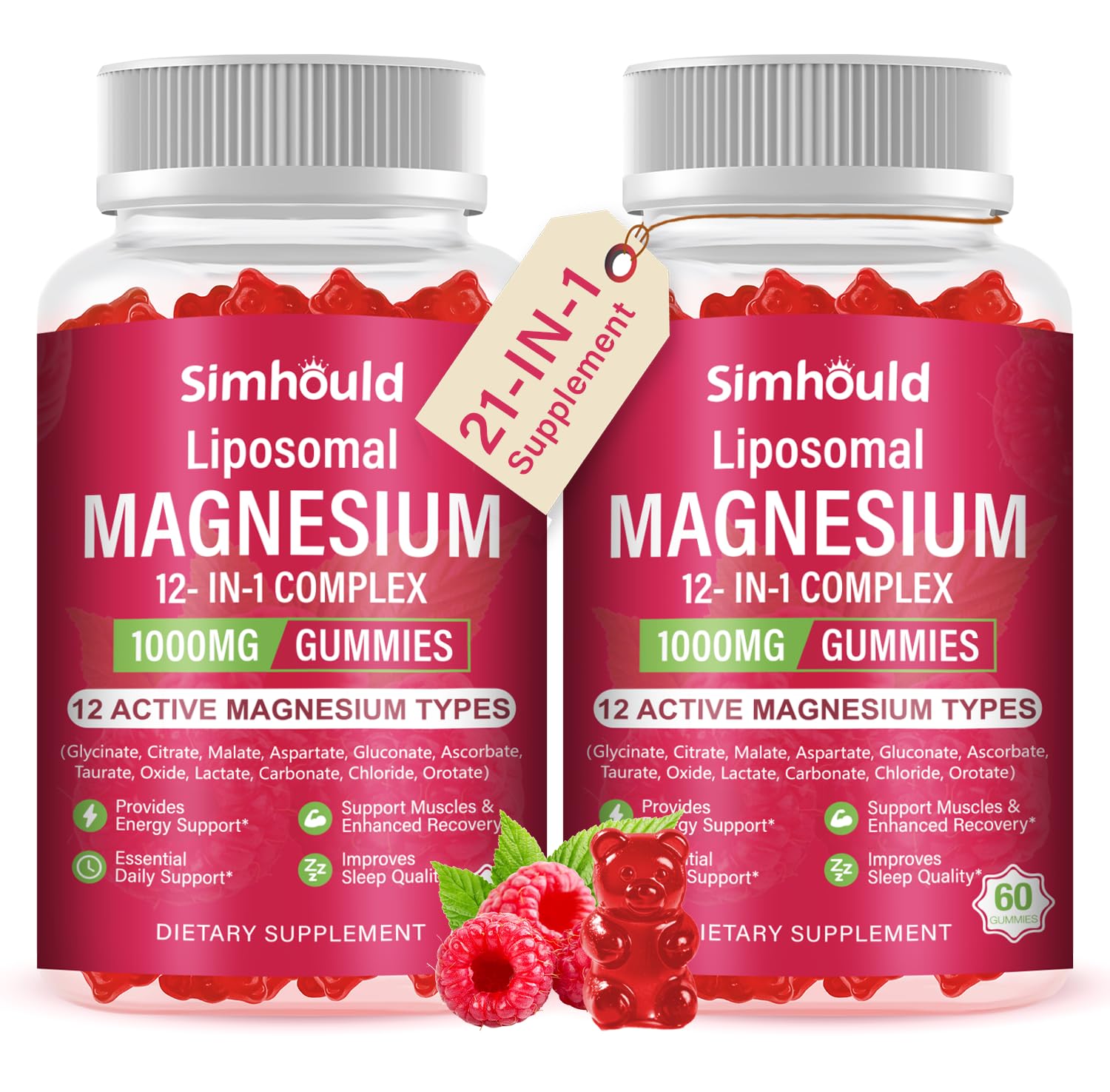 Bottle of 2 Packs Liposomal Magnesium Complex Gummies with label showing 12 magnesium forms