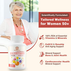 Bottle of liposomal multivitamin capsules for women 50+