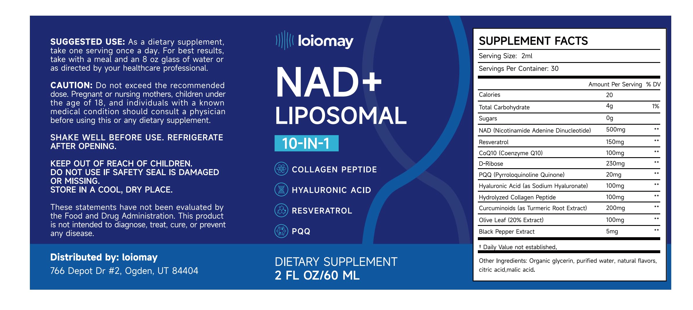 Packaging and 2 fl oz bottle of Liposomal NAD+ Drops
