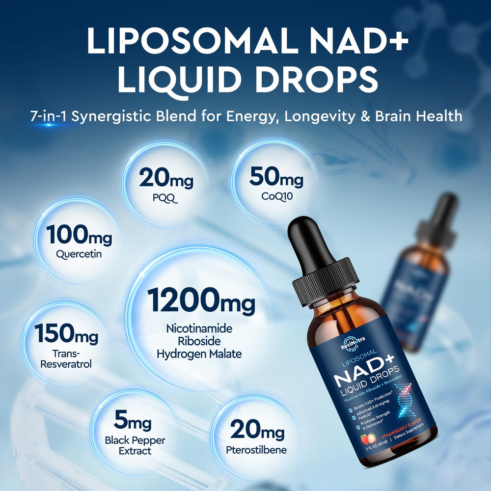 Close-up of liposomal NAD+ bottle with strawberry flavor label