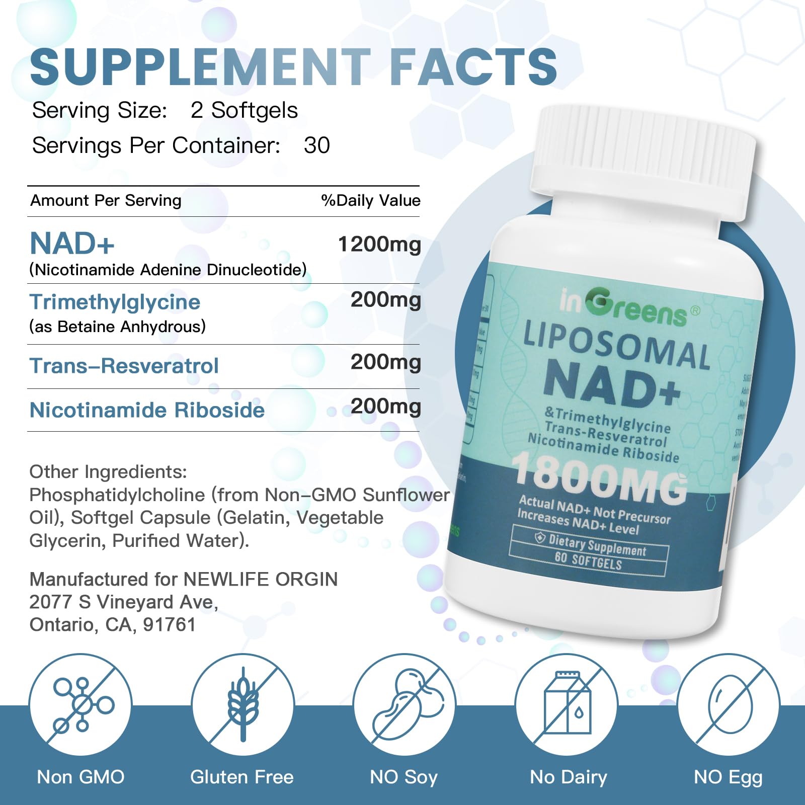NAD+ 1800 mg ingredients graphic showing NR and HR