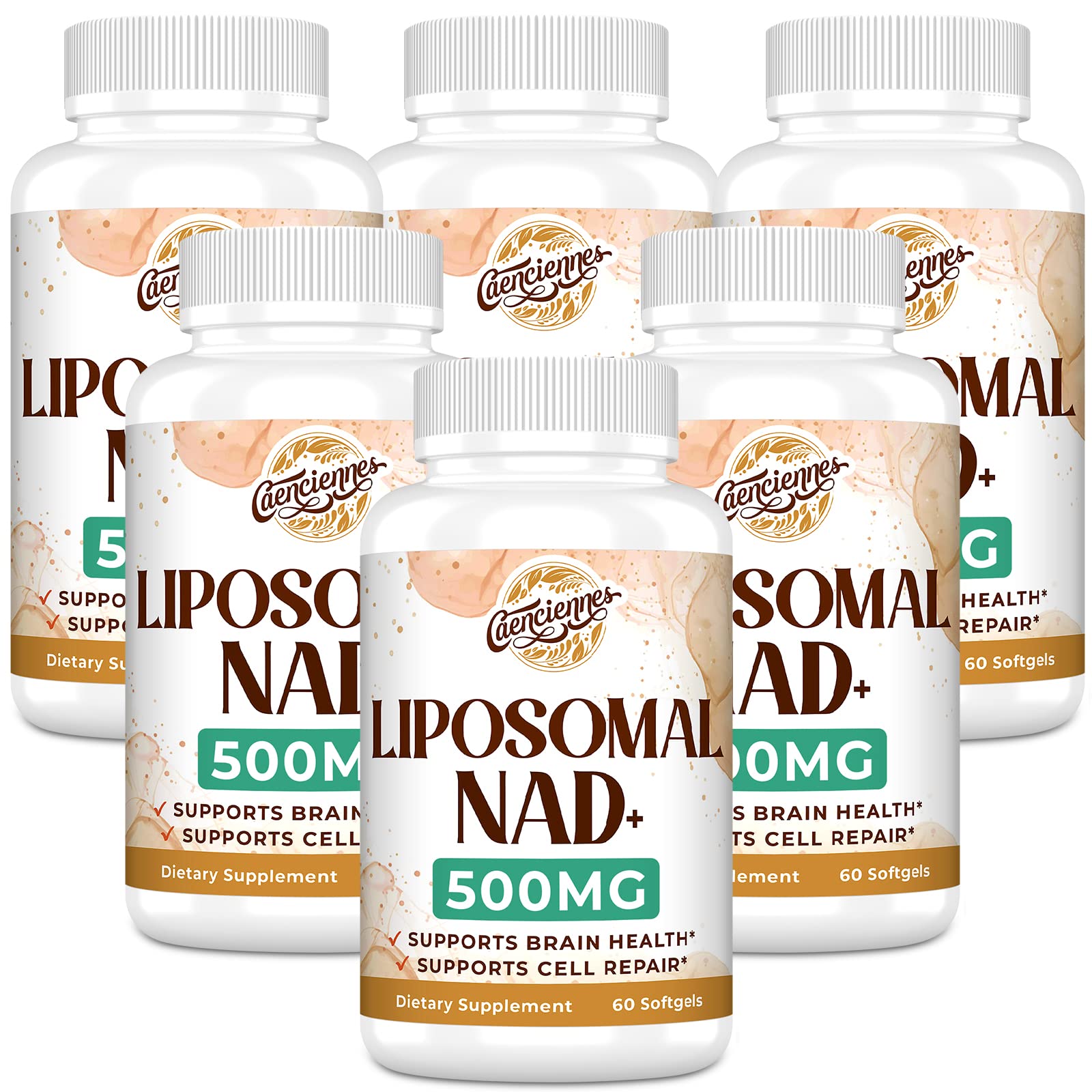 Liposomal NAD+ 500 mg supplement bottle and soft gels