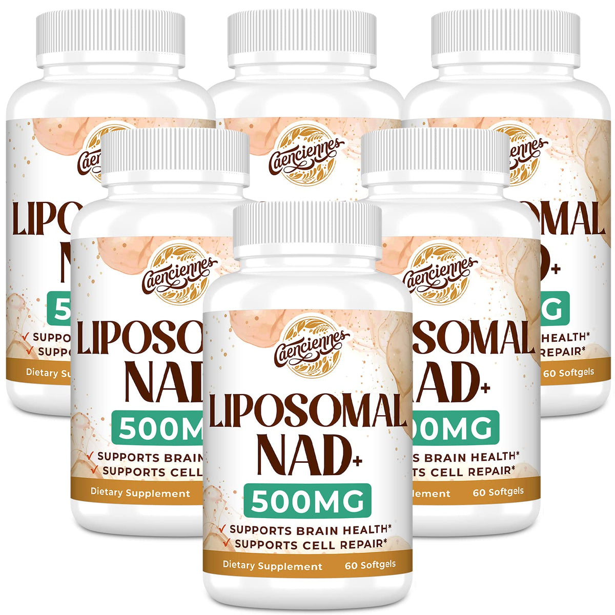 Liposomal NAD+ 500 mg supplement bottle and soft gels
