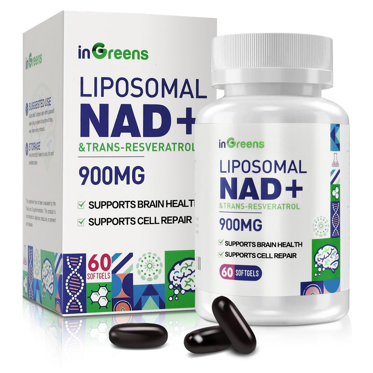 Hero image showing 60 softgels bottle of 900 mg liposomal NAD+ with trans-resveratrol