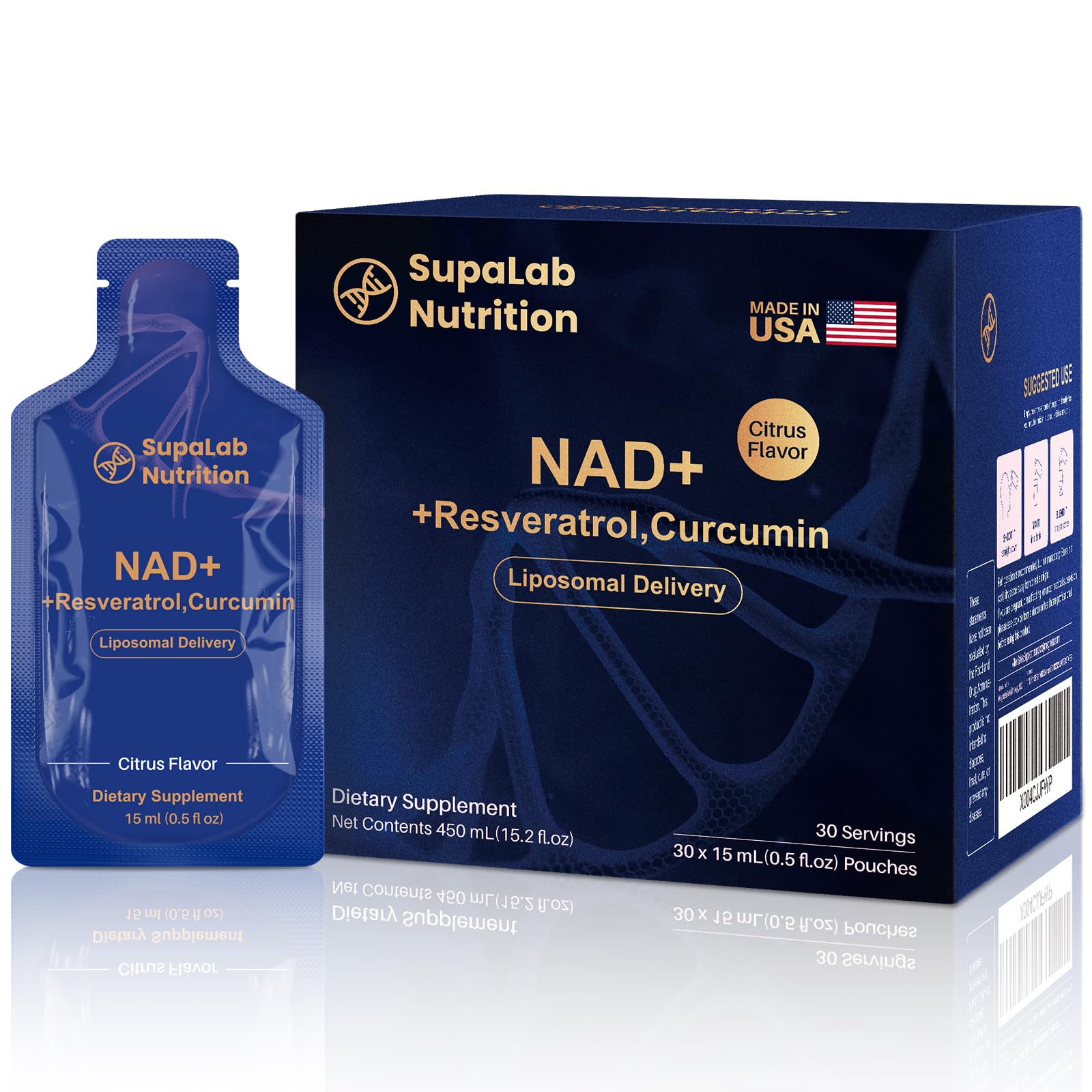 Liposomal NAD+ with Resveratrol supplement bottle and packaging