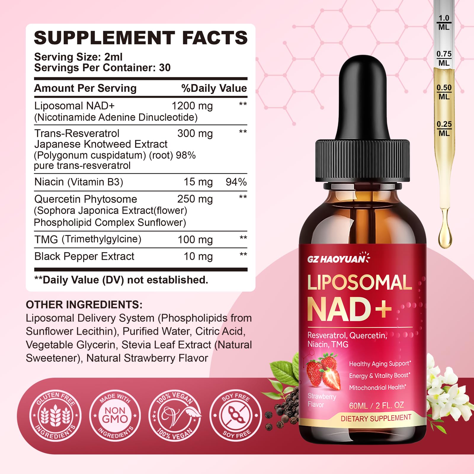 Close-up of NAD+ liquid drops from a dropper