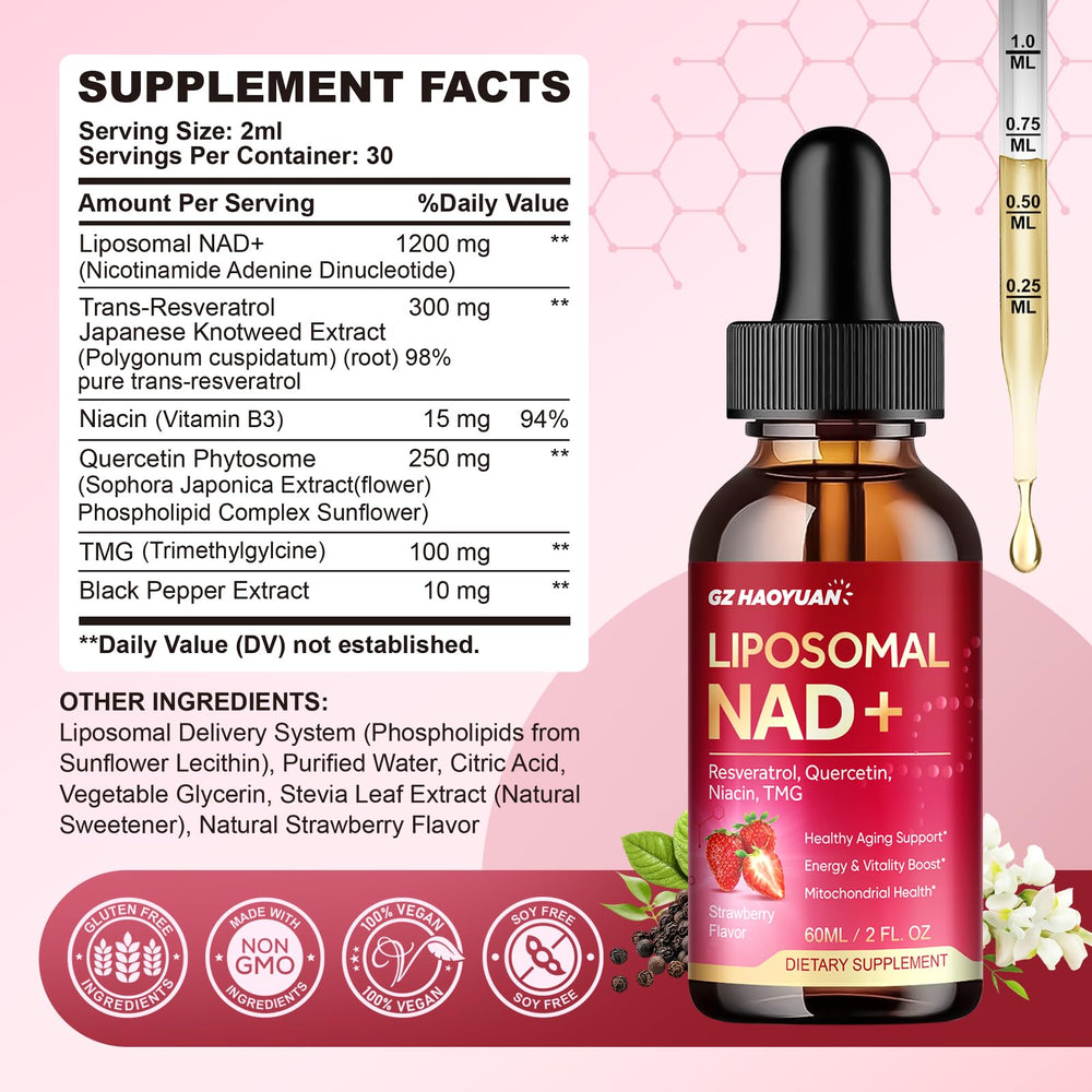 Close-up of NAD+ liquid drops from a dropper