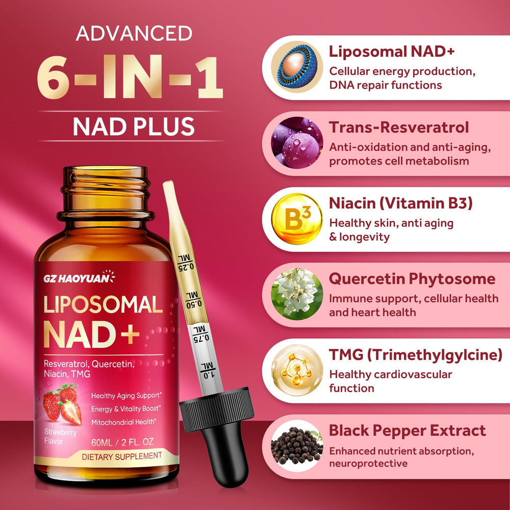 Bottle label highlighting 1200mg Liposomal NAD+ and ingredients