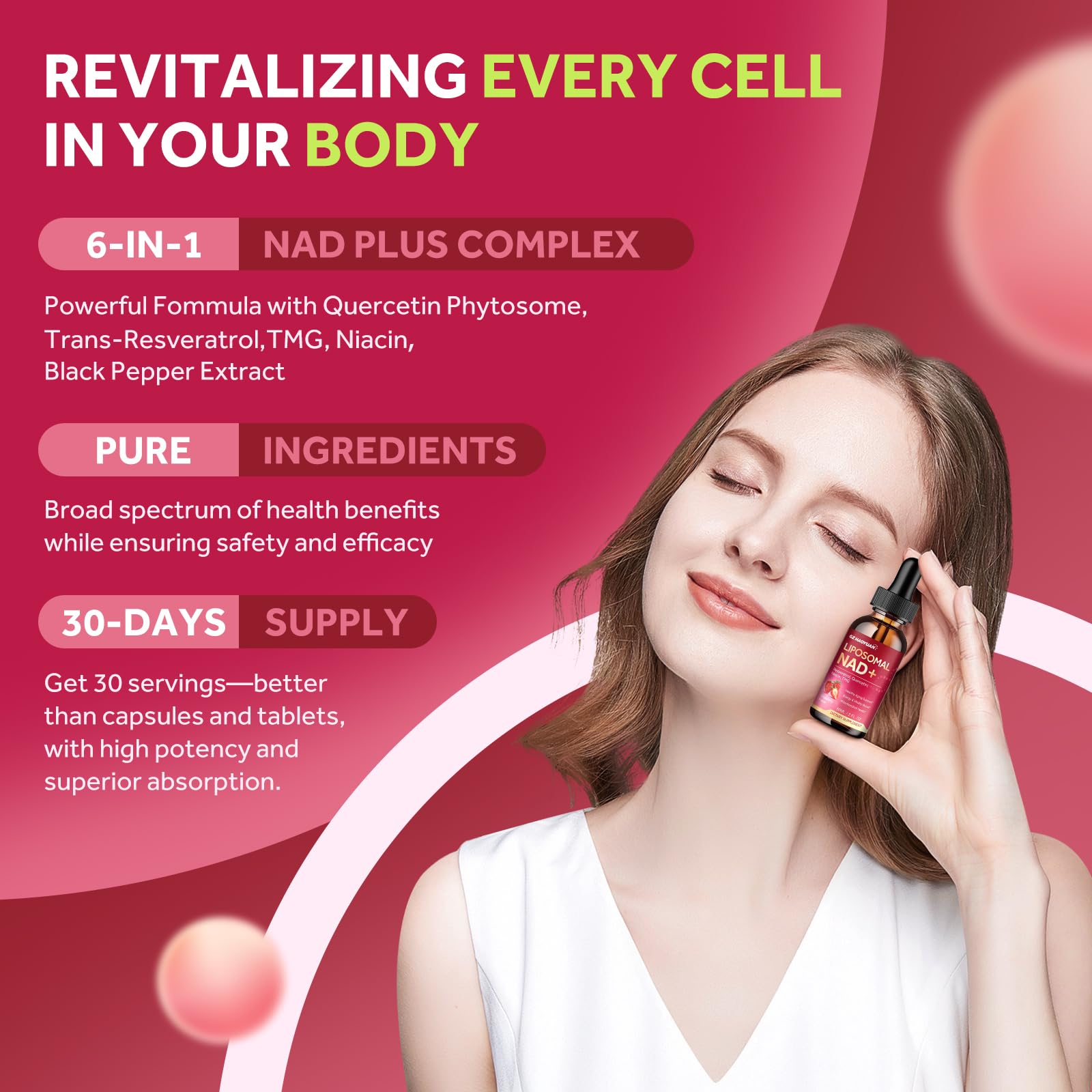 NAD supplement bottle beside a glass of water