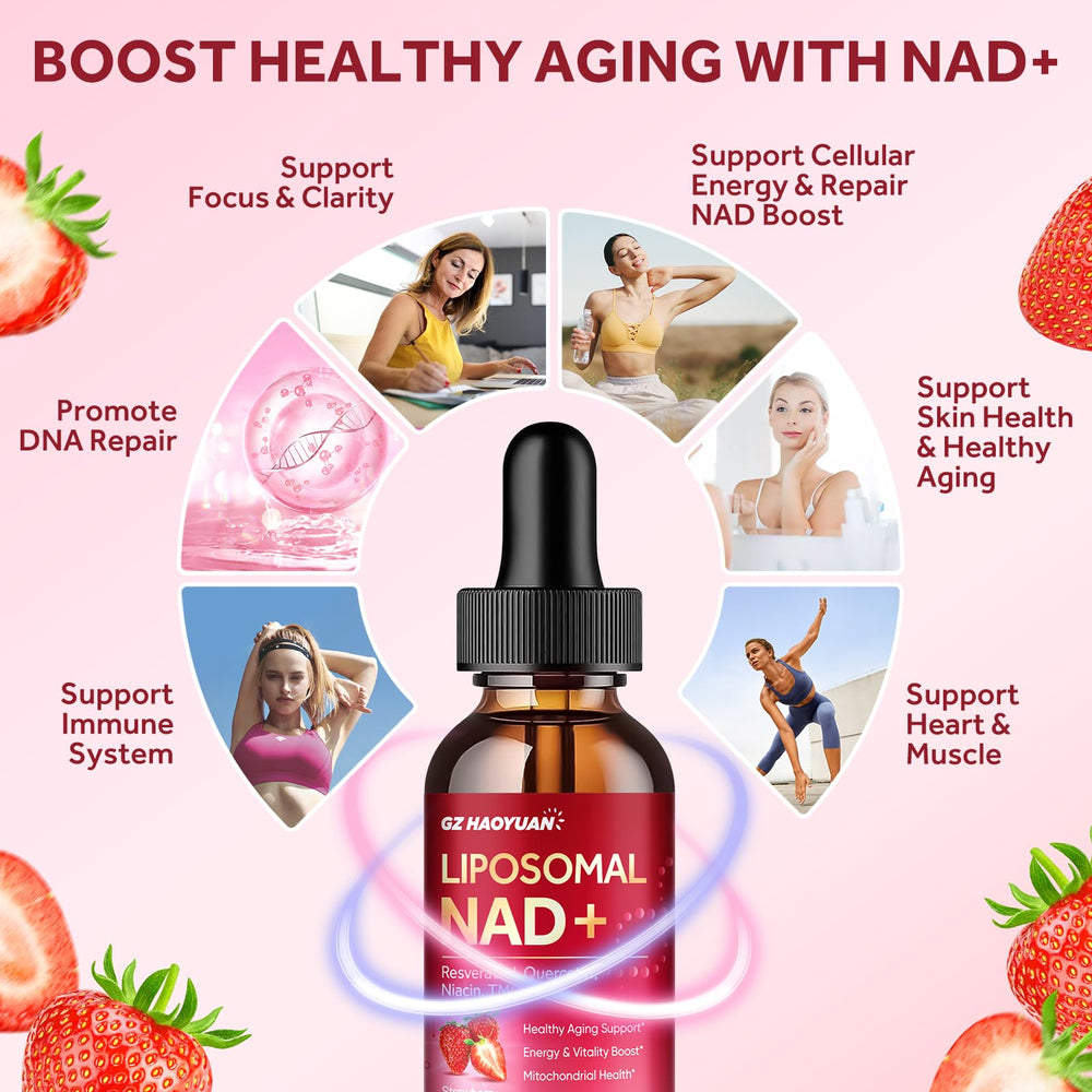 NAD+ liquid drops and natural berry background