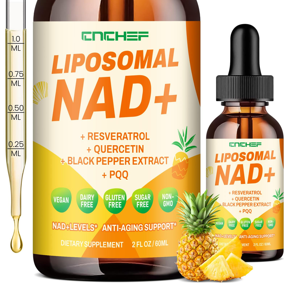 Liposomal NAD supplement bottle with 1500mg NAD+ per 2ml serving