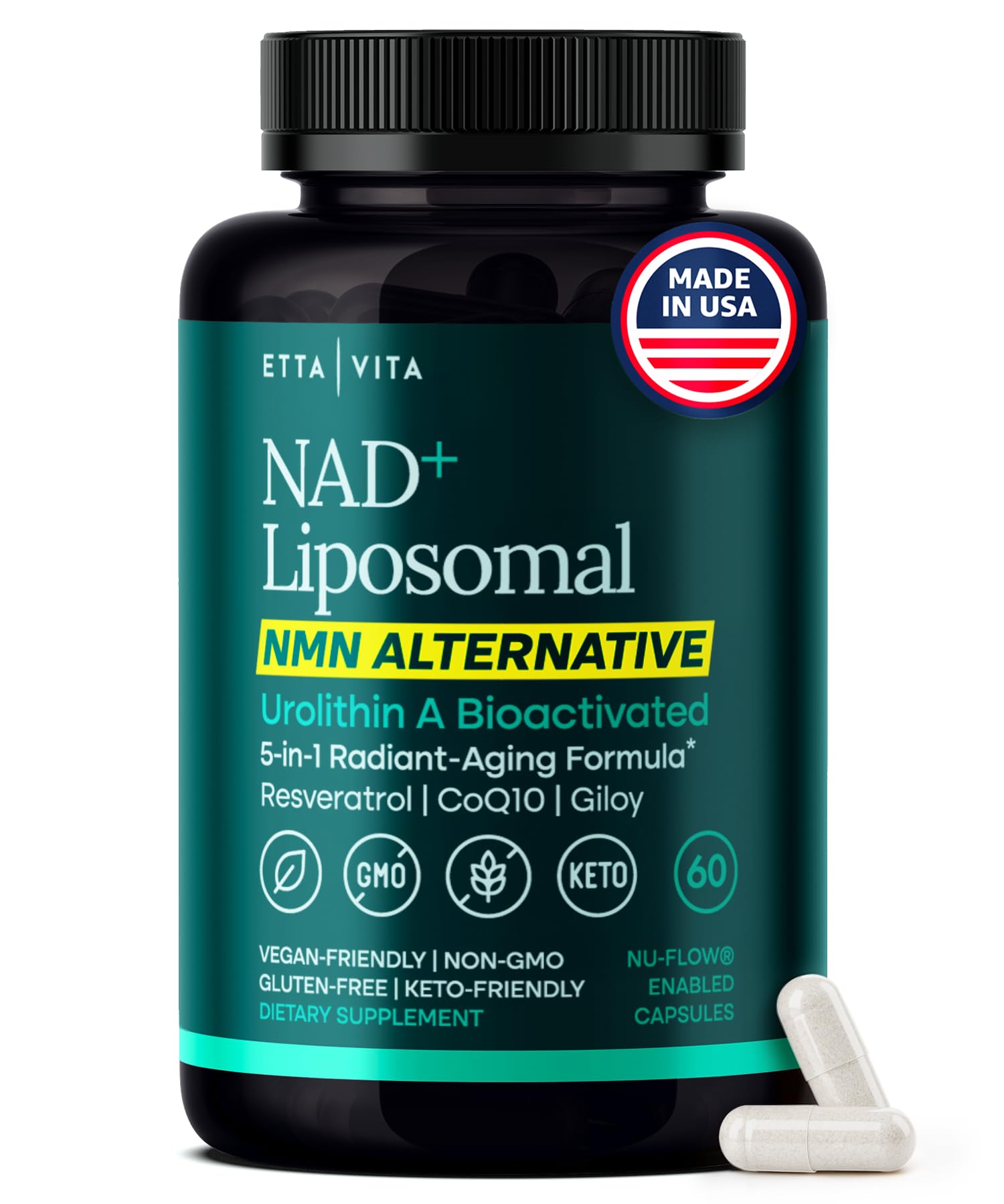 Bottle label of Liposomal NAD+ supplement made in USA