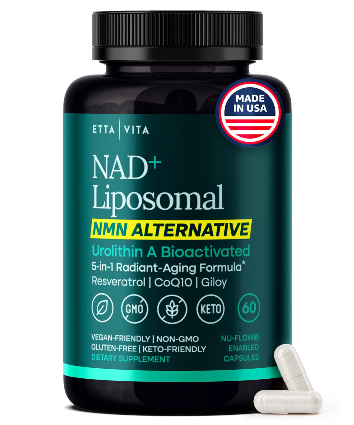 Bottle label of Liposomal NAD+ supplement made in USA
