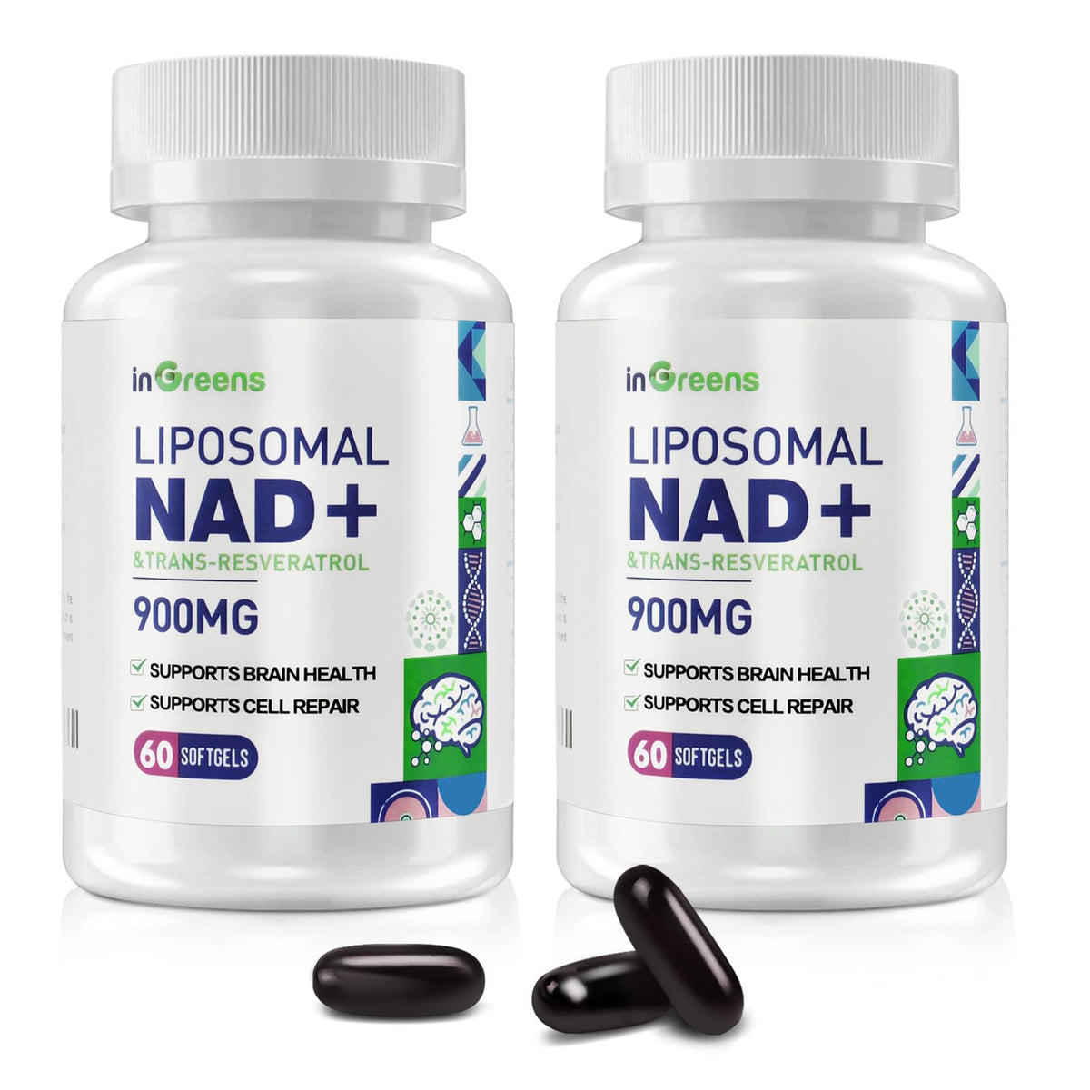 Hero image: liposomal NAD+ 900 mg with trans-resveratrol 300 mg, 2-pack, 120 softgels