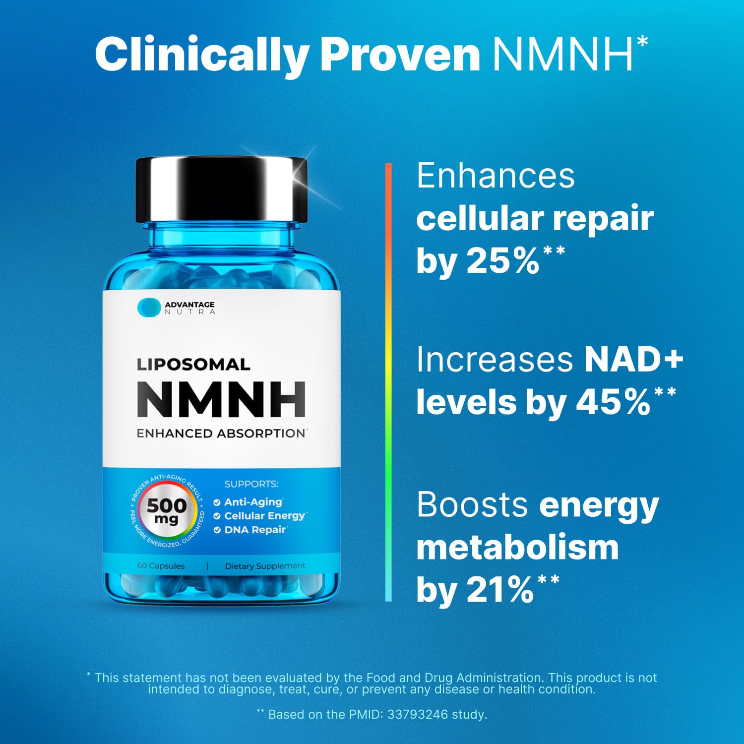 Close-up of NMNH 500mg bottle and capsules