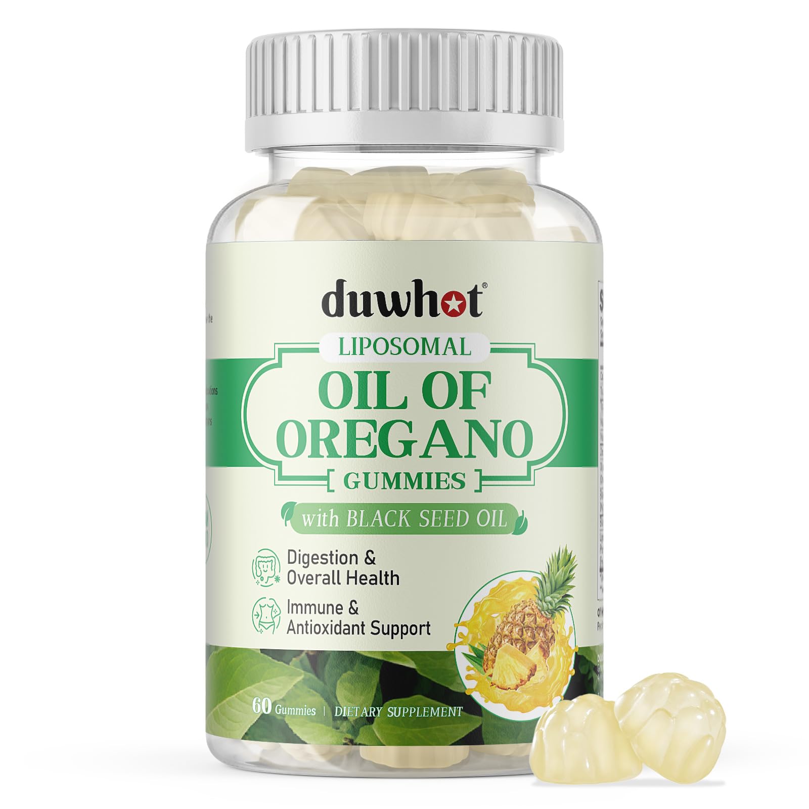 Bottle of Liposomal Oregano Oil Gummies with pineapple flavor