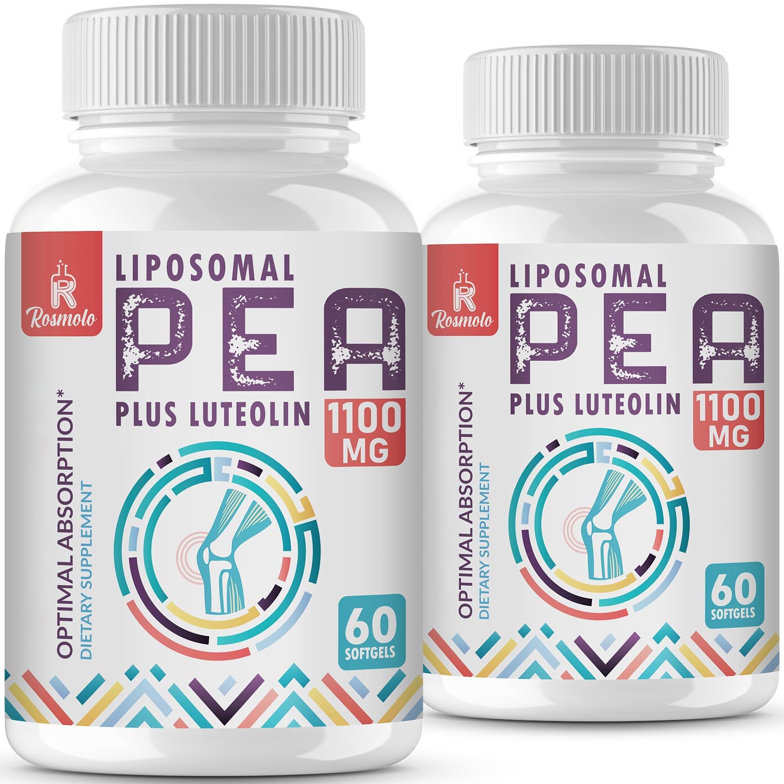Front view of Liposomal PEA 1000 mg + Luteolin 100 mg bottle with 120 softgels