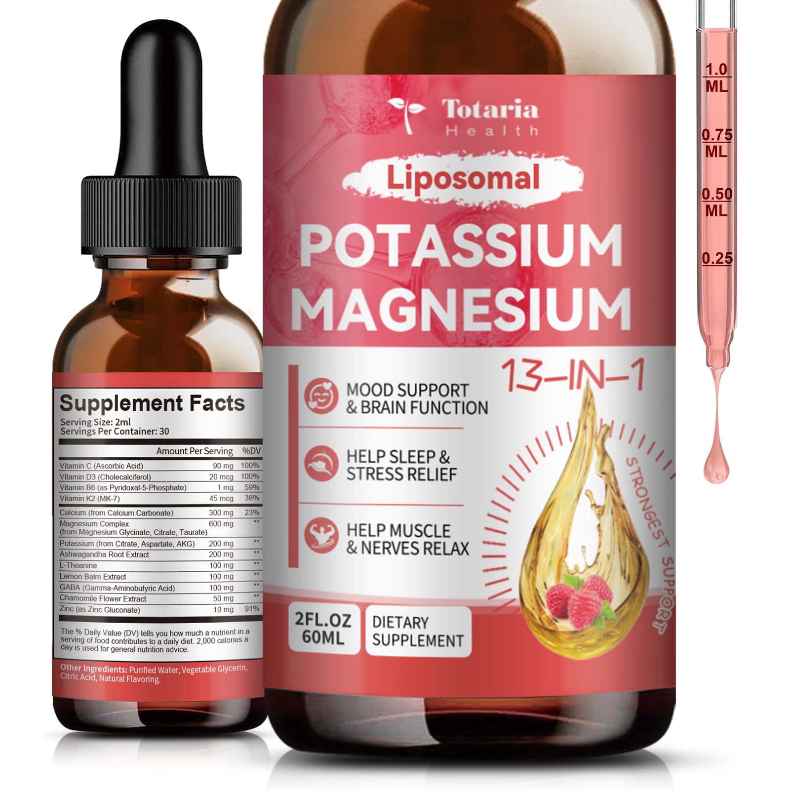 Bottle and label for Liposomal Potassium Magnesium with D3 K2