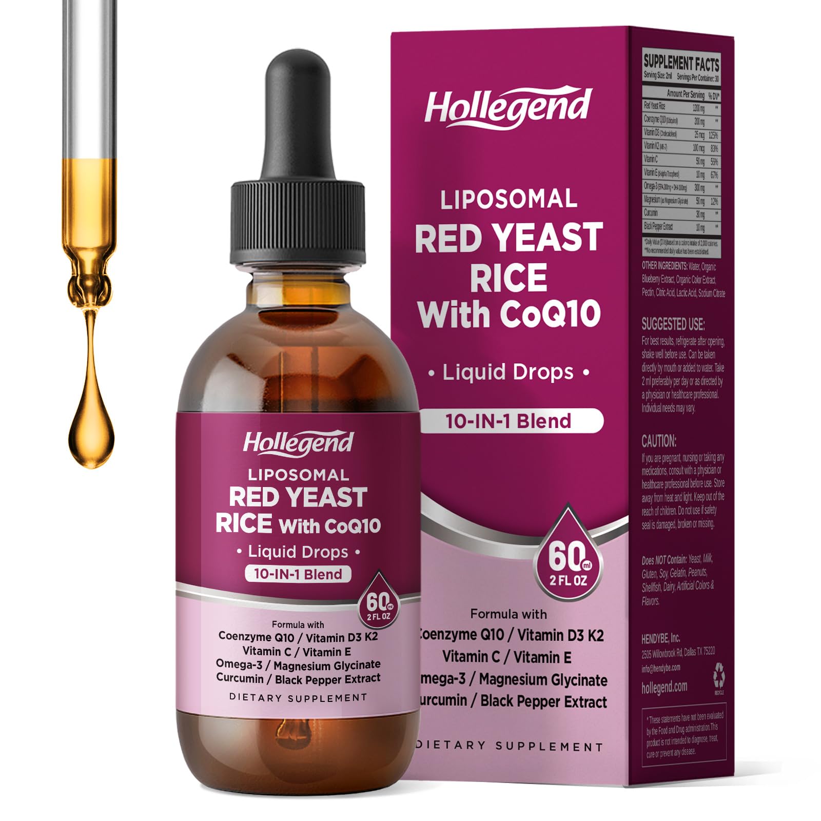 Bottle and dropper of liposomal red yeast rice + CoQ10 liquid drops