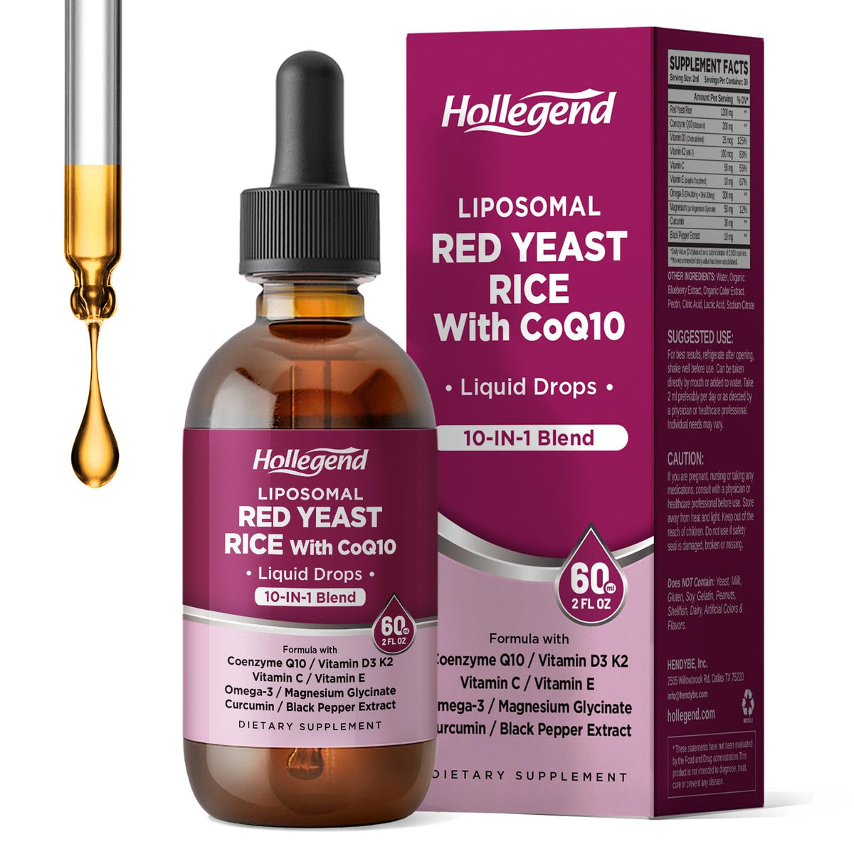 Bottle and dropper of liposomal red yeast rice + CoQ10 liquid drops
