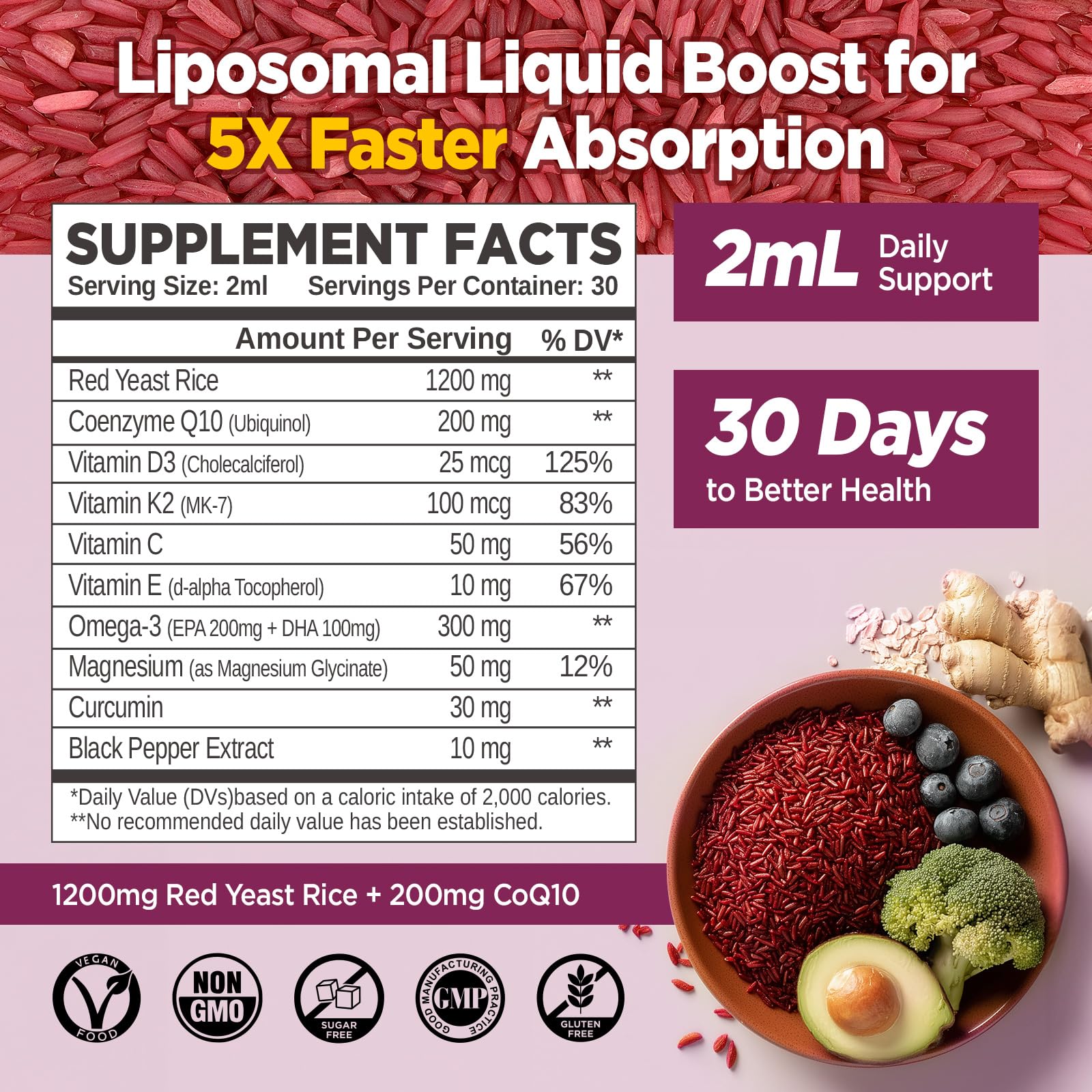Close-up of 1200mg liposomal red yeast rice liquid drops