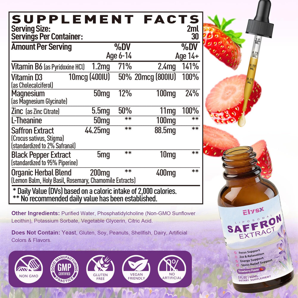 Product label and bottle of Liposomal Saffron Drops (2 oz)