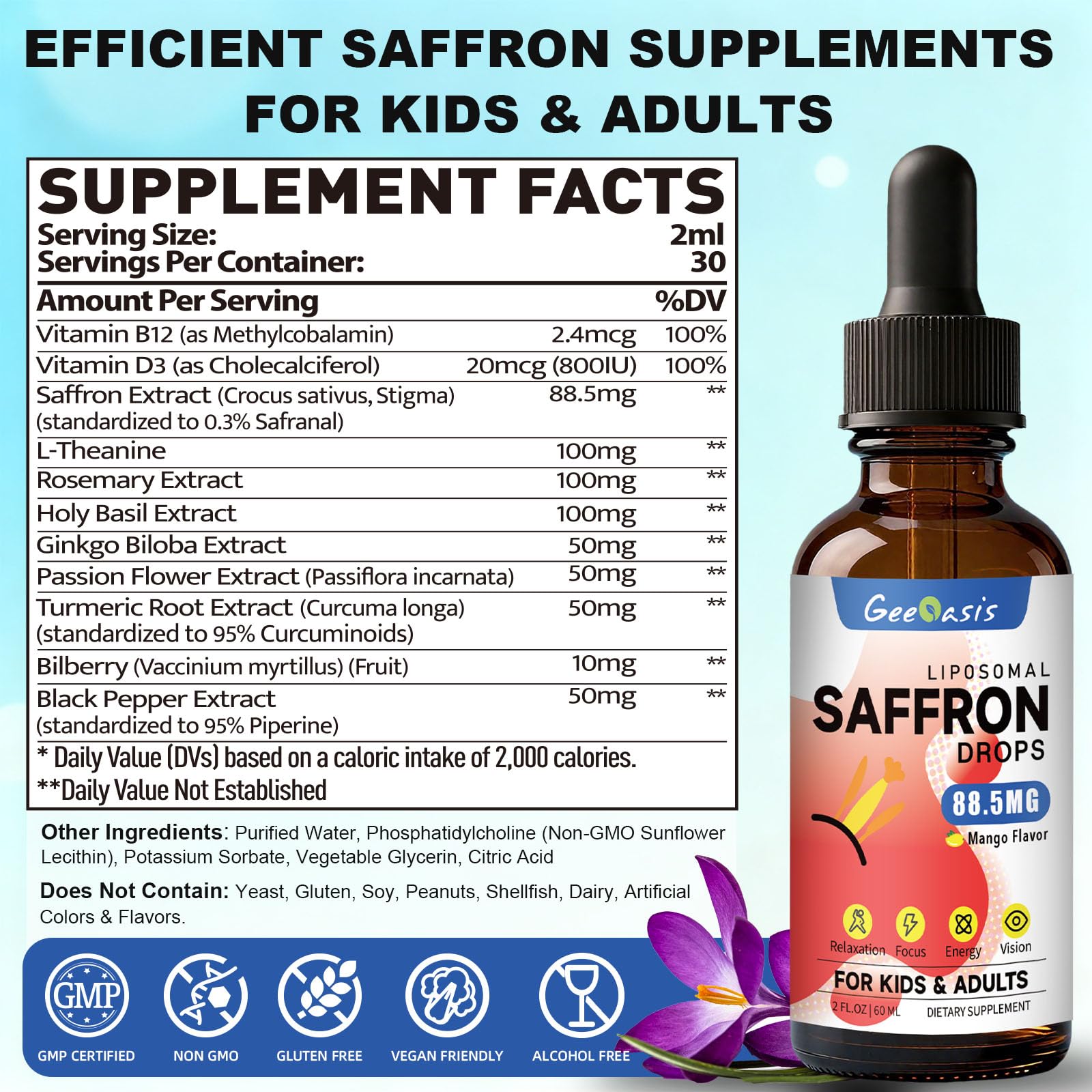 Liposome-delivered saffron drops aiding stress relief and focus for kids and adults