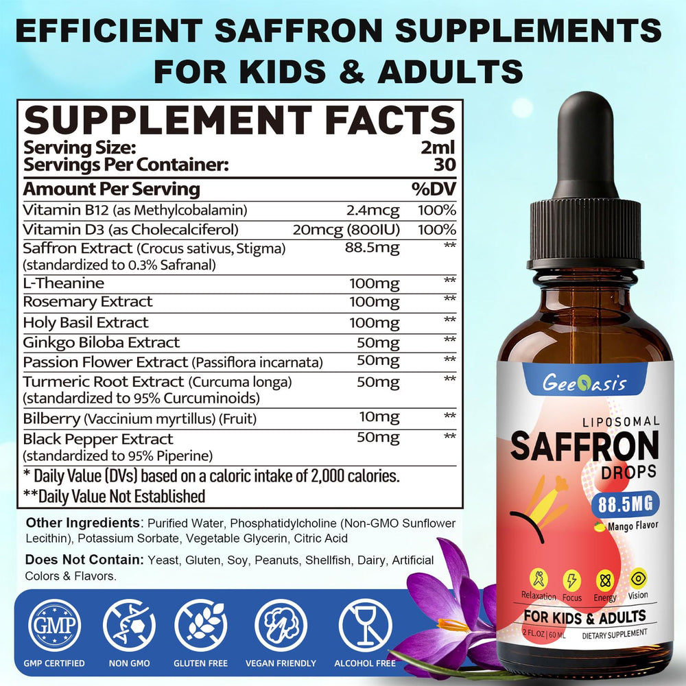Liposome-delivered saffron drops aiding stress relief and focus for kids and adults