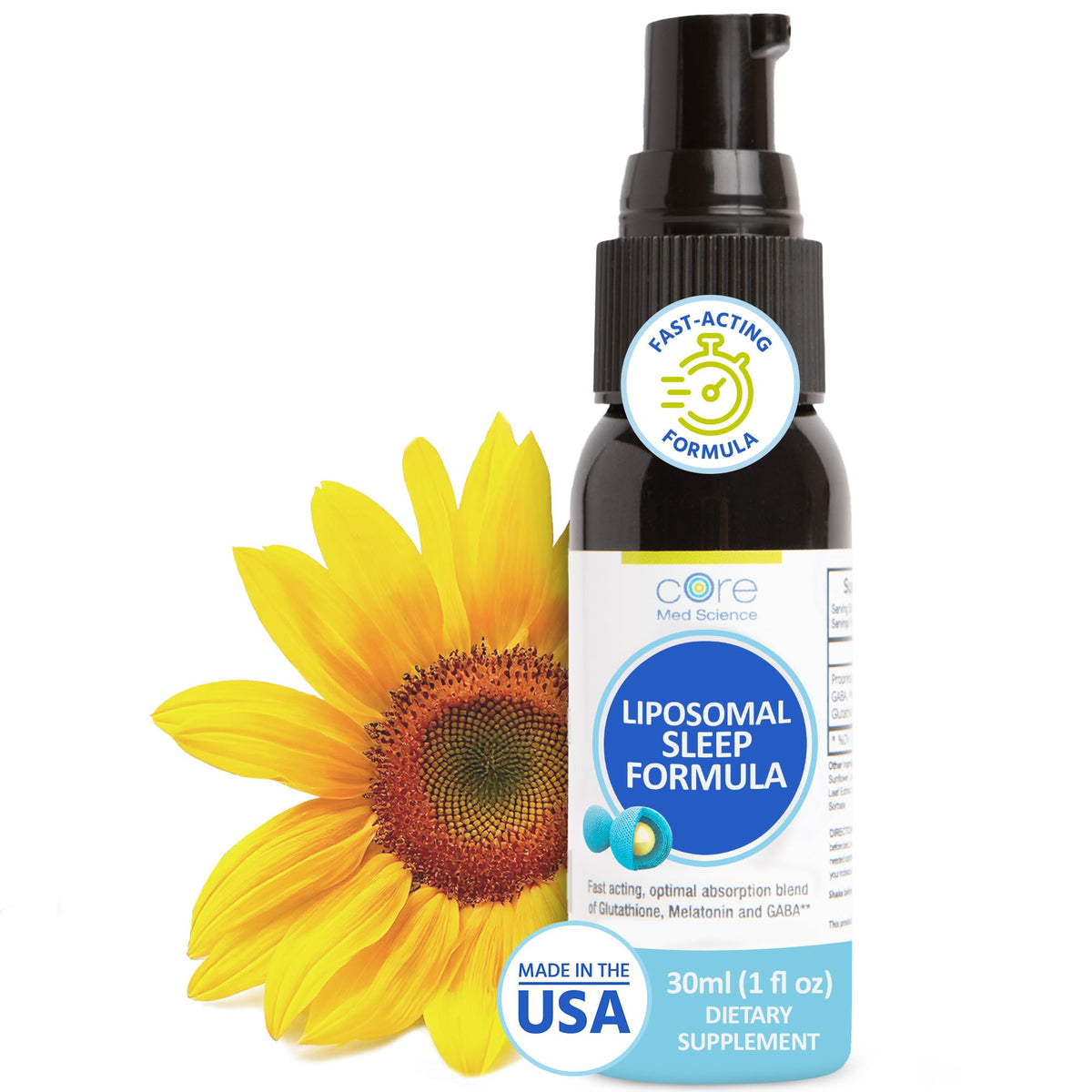 Front view of Liposomal Sleep Spray bottle by Core Med Science.