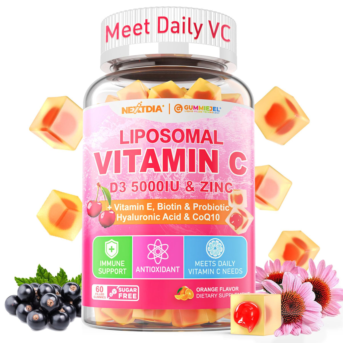 Front view of Liposomal Vitamin C 1000mg + D3 5000IU + Zinc Gummies bottle