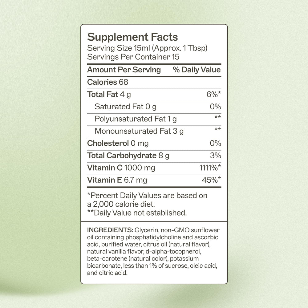 Close-up of liposomal Vitamin C liquid in bottle