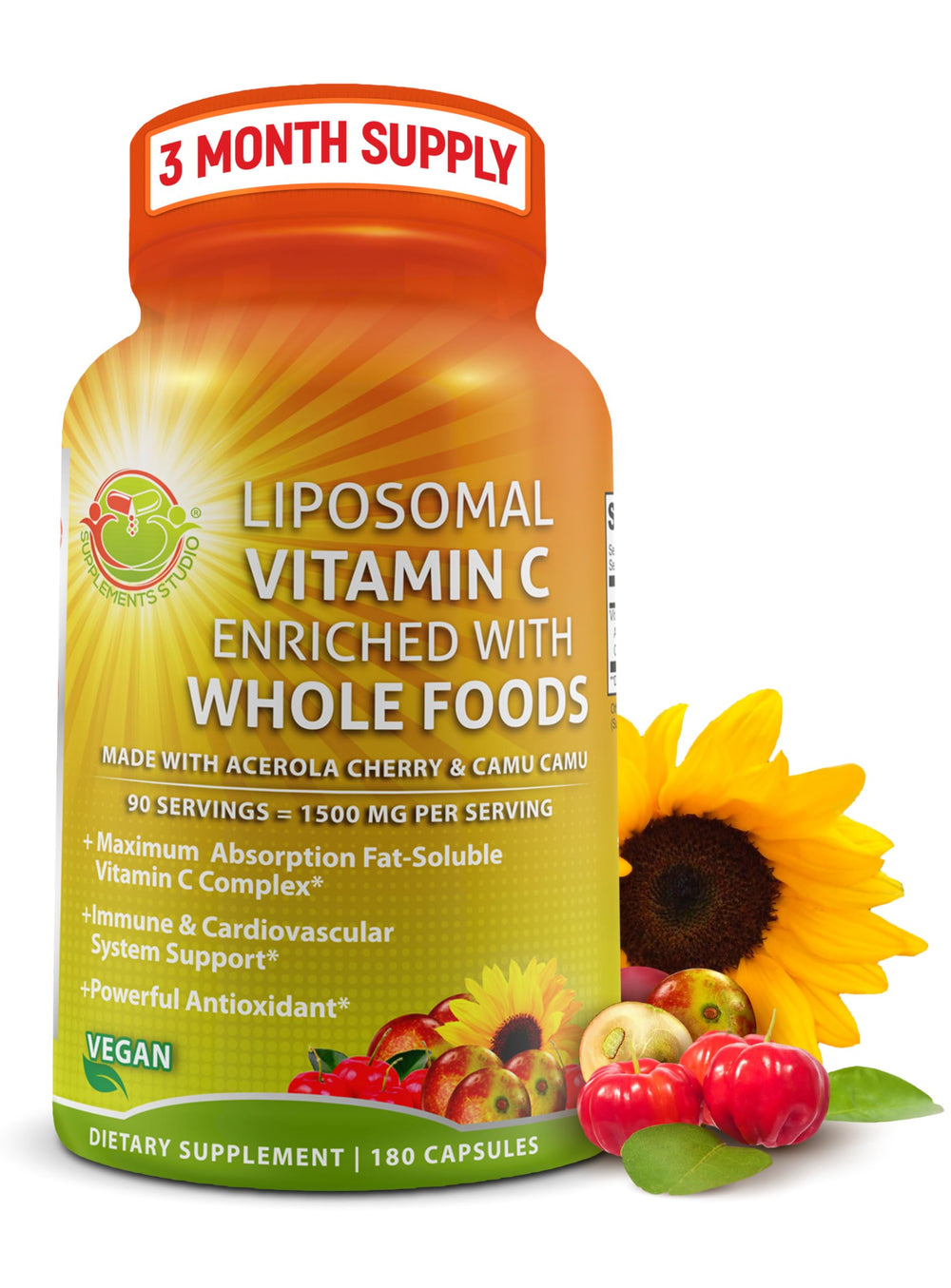 Bottle of Liposomal Vitamin C capsules with 1500mg dosage showing organic Acerola and Camu Camu ingredients
