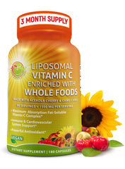 Bottle of Liposomal Vitamin C capsules with 1500mg dosage showing organic Acerola and Camu Camu ingredients