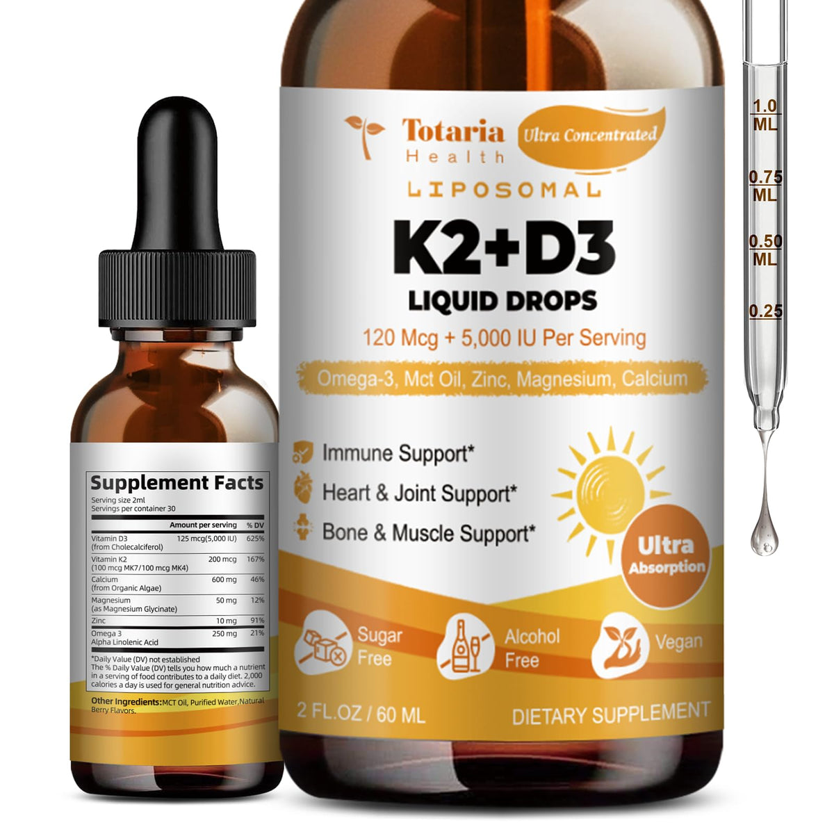 Liposomal D3 K2 drops bottle with dropper