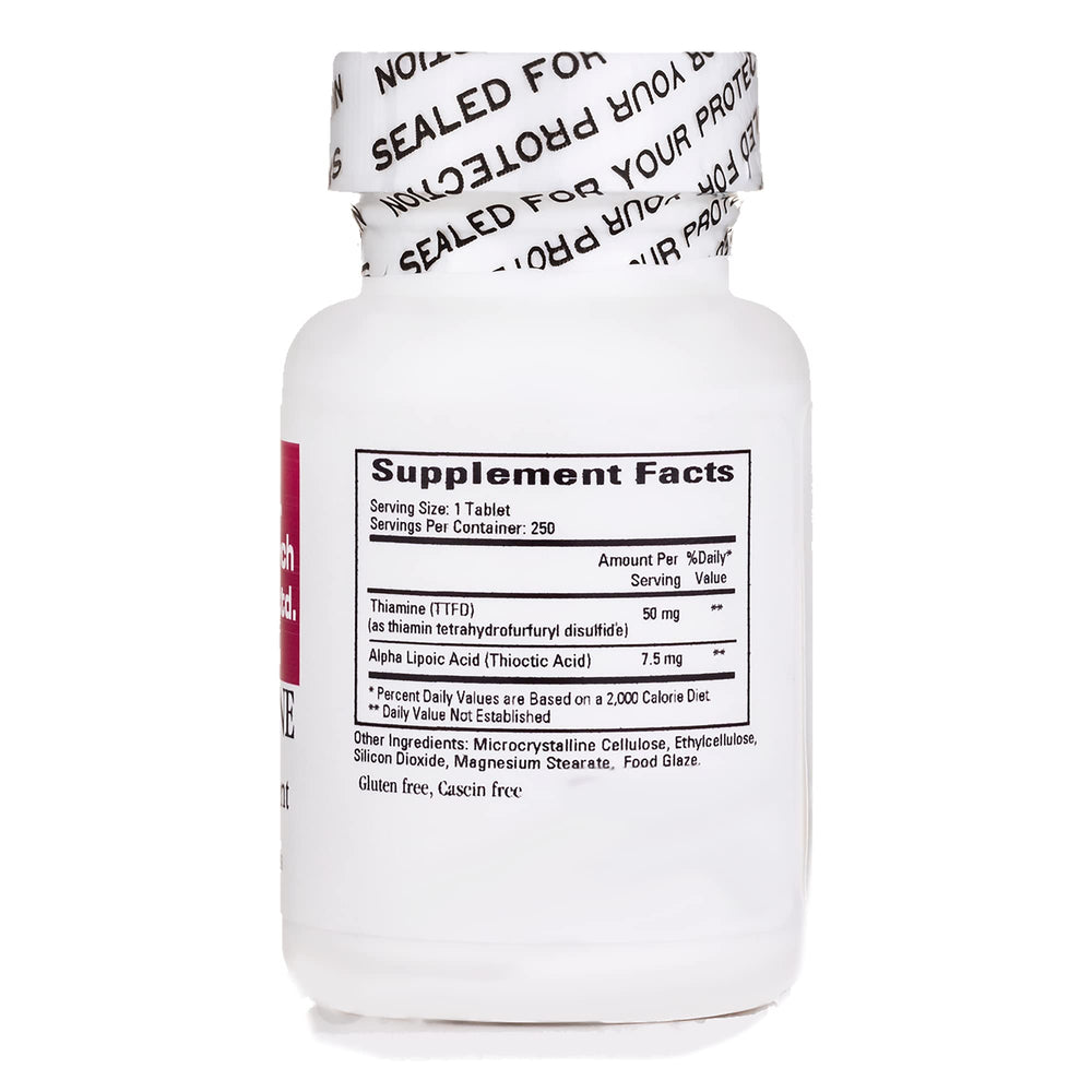 Close-up of Lipothiamine B1 with Alpha Lipoic Acid tablets