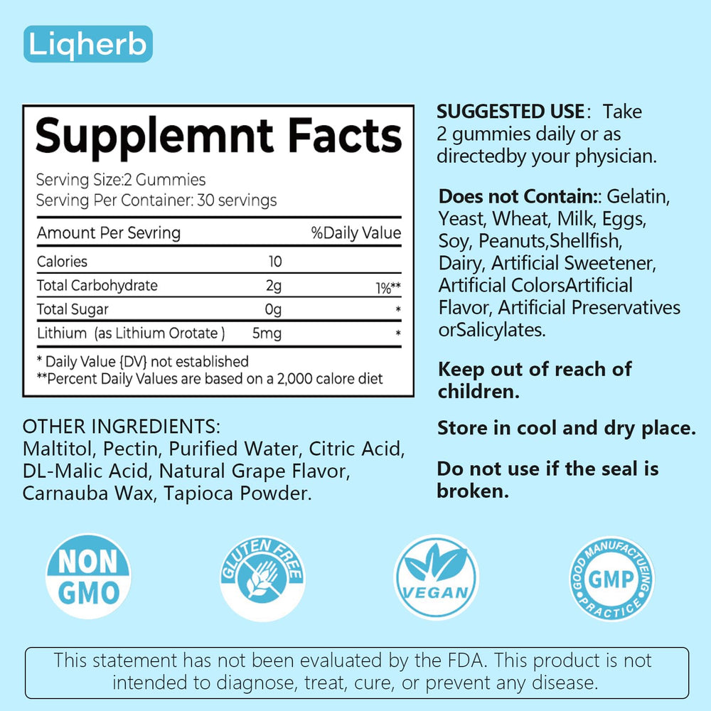 Bottle of Liqherb lithium orotate gummies grape flavor