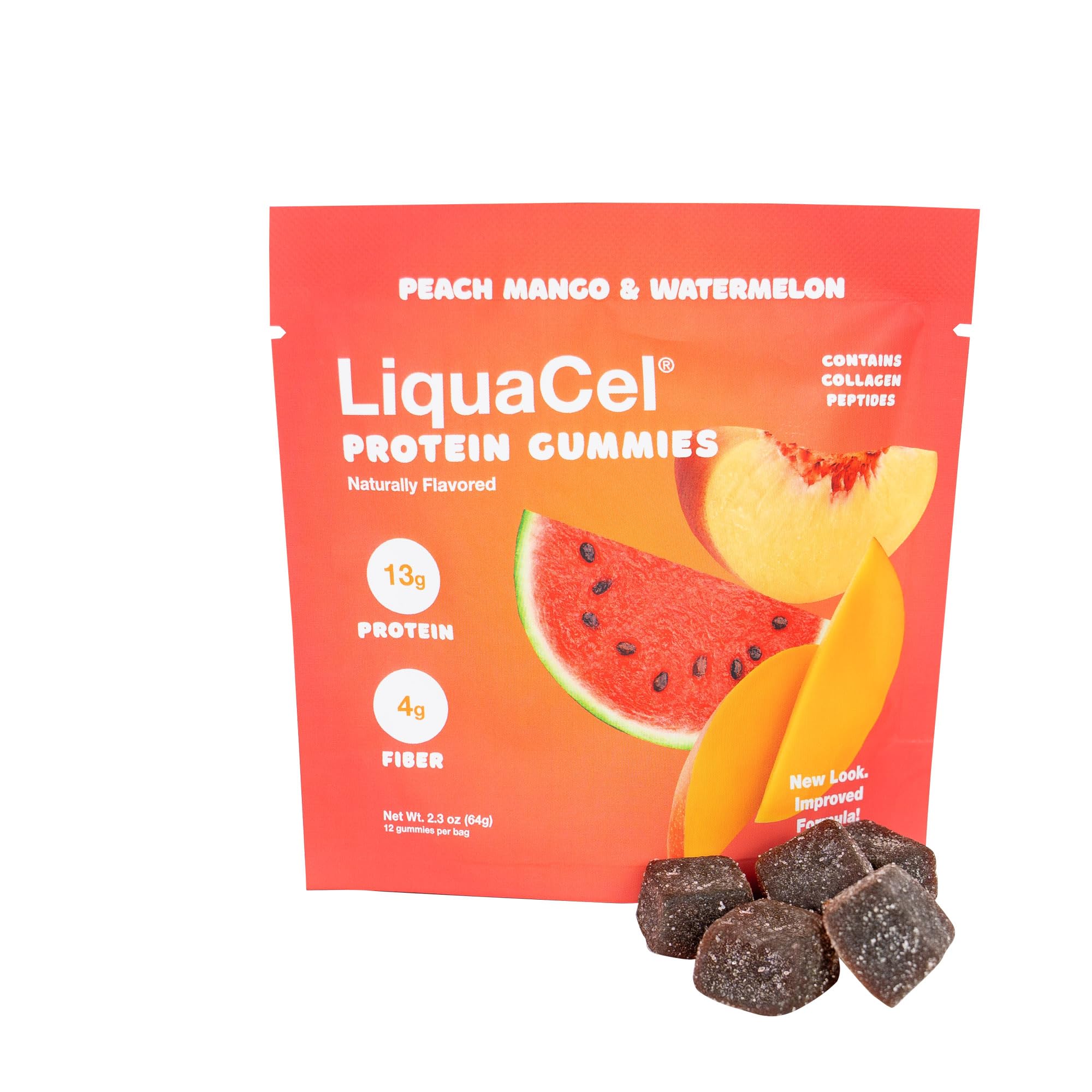 LiquaCel Protein Gummies Watermelon Peach Mango close-up highlighting chewy texture for protein on-the-go