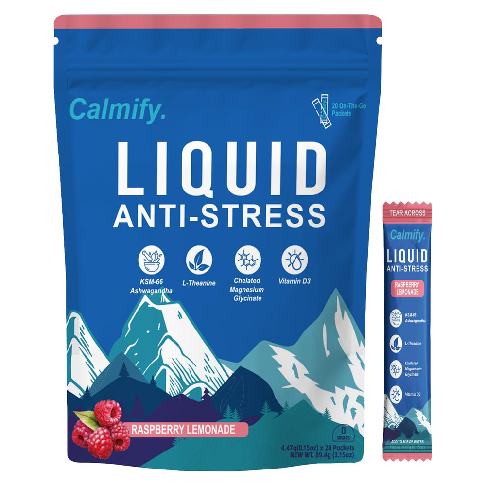 Liquid Anti Stress Cortisol bottle label showing magnesium, ashwagandha, L-Theanine and vitamin D3