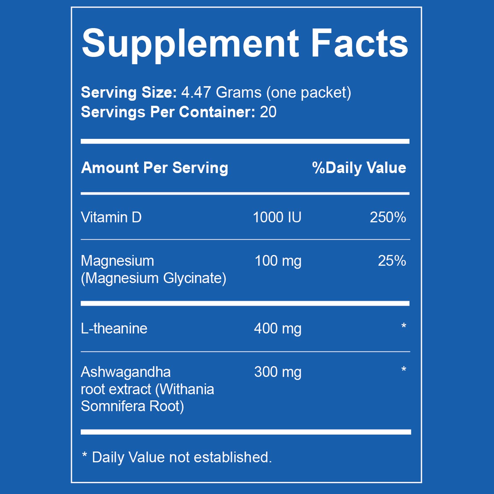 Close-up of ingredients: Magnesium Glycinate, KSM-66 Ashwagandha, L-Theanine