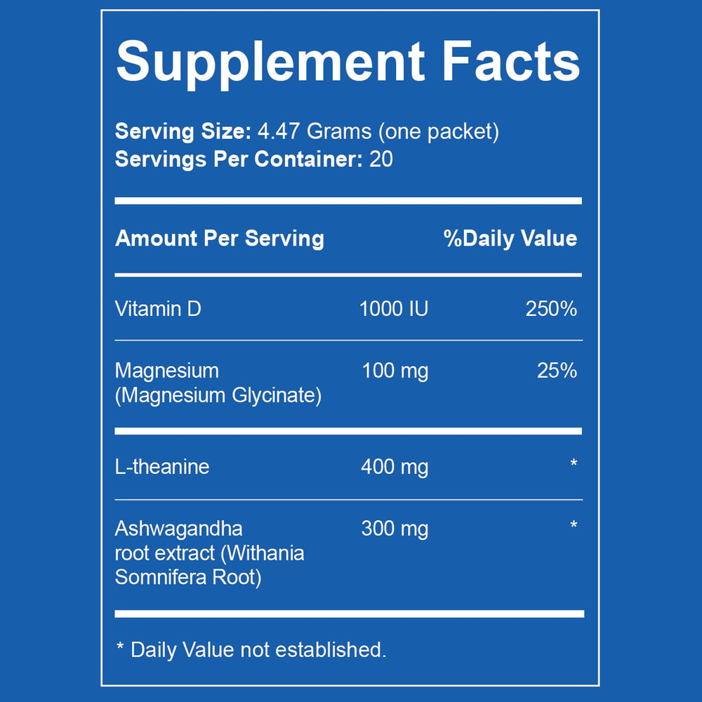 Close-up of ingredients: Magnesium Glycinate, KSM-66 Ashwagandha, L-Theanine