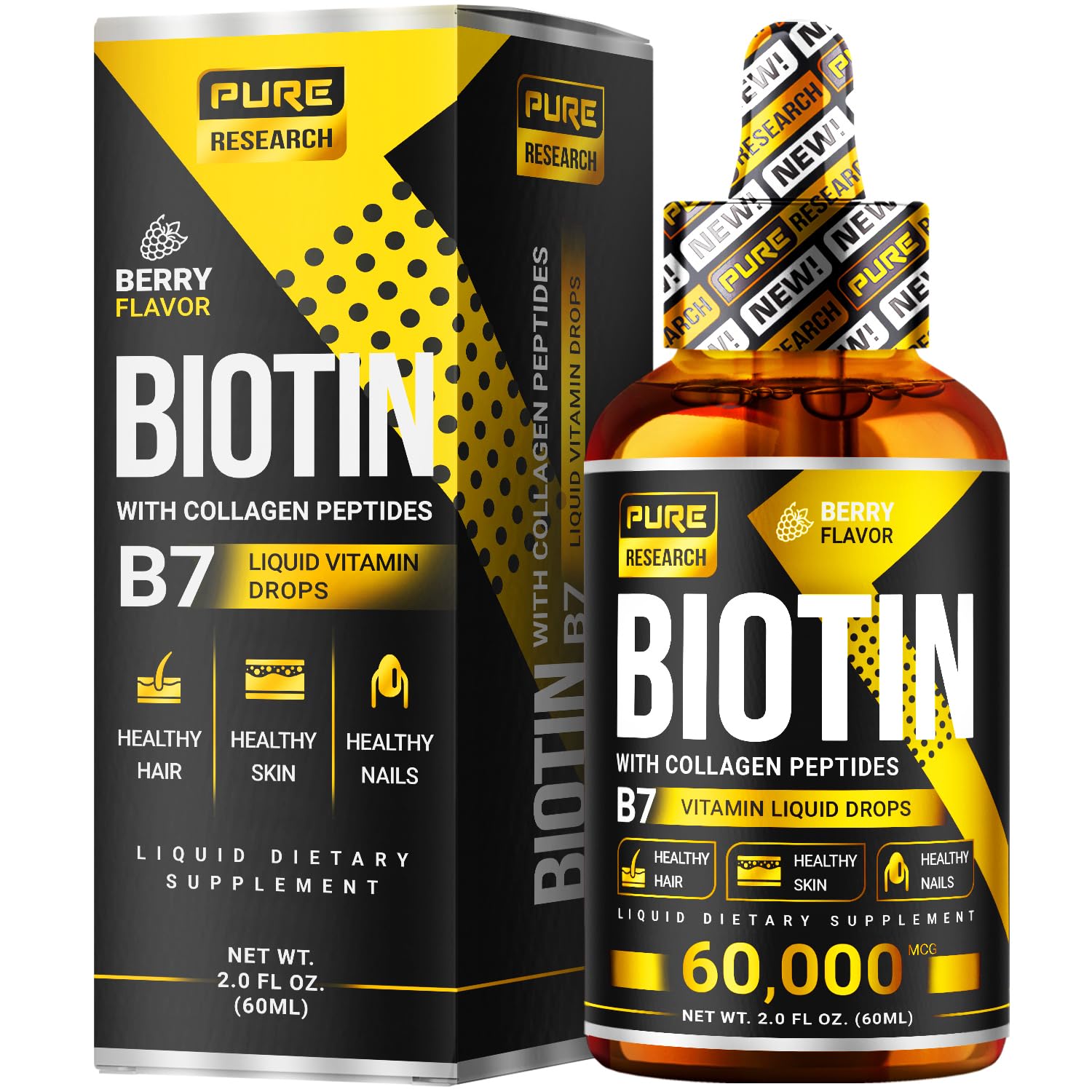 Front view of Liquid Biotin & Collagen Hair Growth Drops bottle 2oz