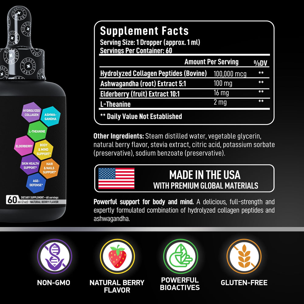 Product label showing 100,000 mcg collagen and 100 mg Ashwagandha