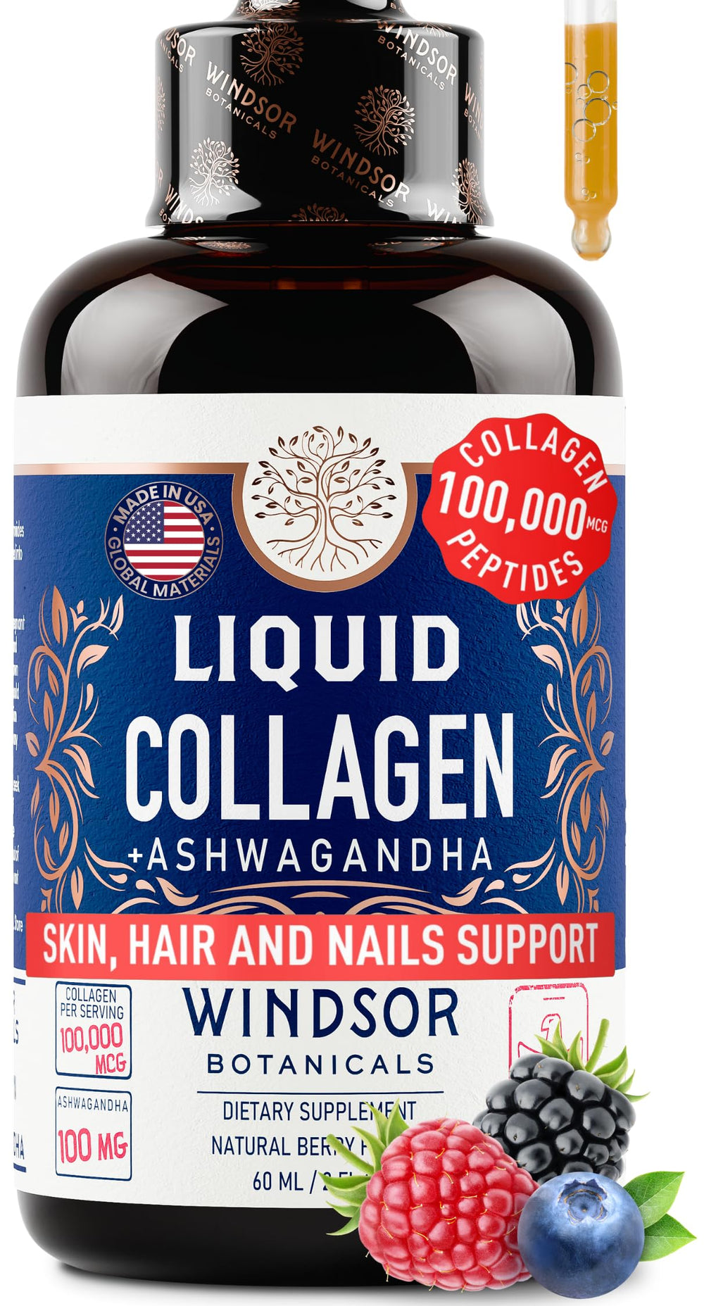 Liquid collagen drops bottle with Ashwagandha and L-Theanine (2 oz, 60 servings)